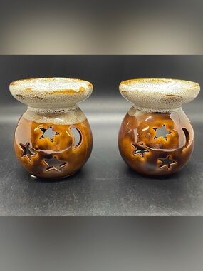 Celestial Ceramic Wax/Oil tea light Warmers – Star & Moon Cutouts (Set of 2)